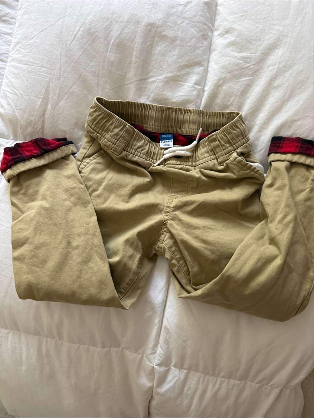 Kids Khaki Pull-On Chino Pants with Red Plaid lining